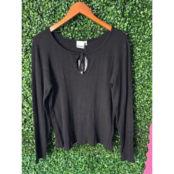 ICHI NWT BLACK TIE FRONT LONG SLEEVE TOP SZ MEDIUM - Picture 1 of 6